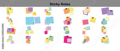 Diverse groupings of colorful sticky notes pinned and scattered on white keywords: sticky notes
