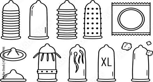 Konstfotografi Vector Illustration Set of Various Condom Types Including Ribbed Dotted XL and P
