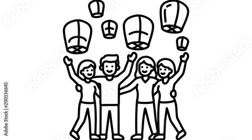 Happy Friends Releasing Sky Lanterns, Celebration, Unity, Festive Night