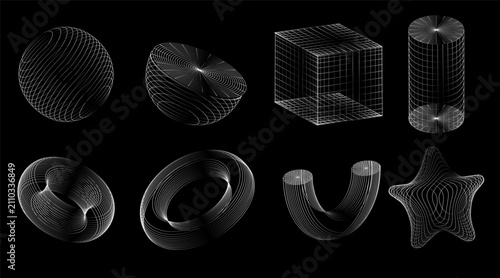Collection of three-dimensional wireframe spheres, torus, cube, cylinder, curved tube and star isolated on black. Vector illustration