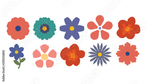 Colorful Stylized Flower Icon Set, Modern Minimal Floral Collection for Decorative Graphic Design.