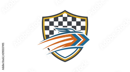 Dynamic racing shield logo with checkered flag pattern.