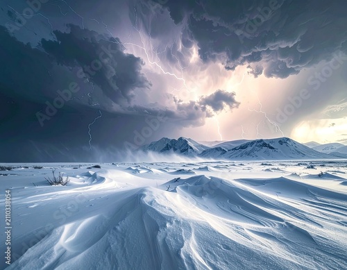 A dramatic lightning storm rages over snow-covered mountains.