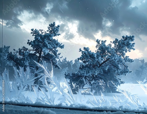 Frost-covered trees beneath a stormy winter sky, with intricate ice formations on a windowpane.