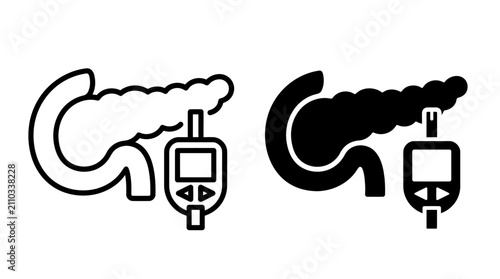 Foto Set of pancreas and glucose meter icons representing diabetes awareness and medical health diagnostics