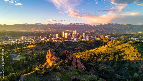 Aerial view of Denver skyline at sunset with the Rocky Mountains in the background.