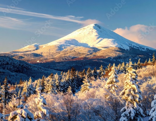 Snow-covered mountain peak bathed in golden sunrise light with frosted trees in the foreground.