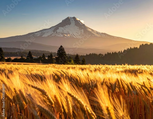 Golden wheat field bathed in sunset light with a snow-capped mountain in the background.