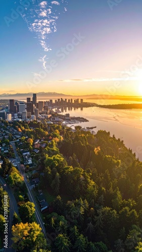 Aerial view of a city skyline and waterfront at sunrise.