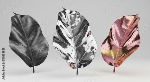 Three elegant ficus leaves in liquid silver, dark platinum, and rose chrome float with thick veins against a minimalist white background, minimalist, bright, three