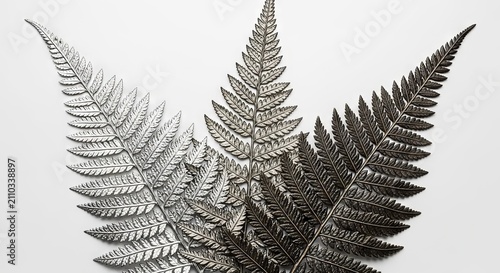 Three metallic fern leaves featuring intricate filigree vein structures in chrome silver, antiqued silver, and dark oxidized bronze tones, organic, still-life, intricate