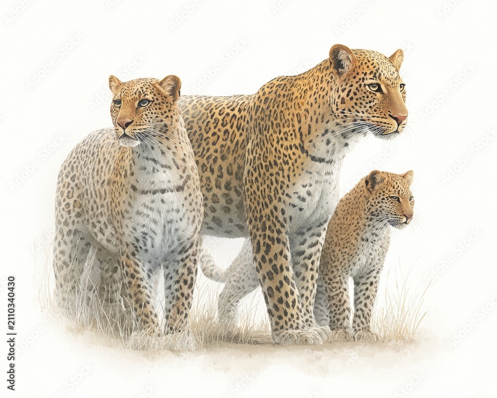 Obraz premium Leopard Family Watercolor Wildlife Illustration Isolated on White Background