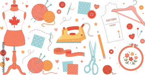 Fotografie Sewing and tailoring workshop tools collection with mannequin iron scissors fabr