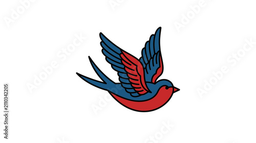 Classic blue and red swallow tattoo in flight profile.