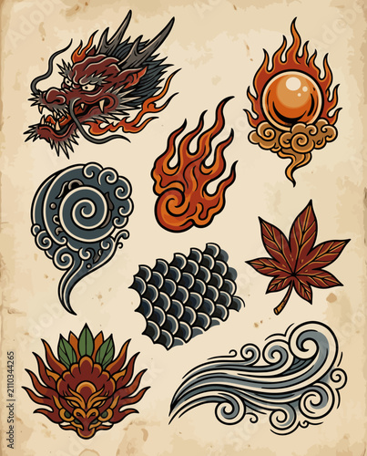 Traditional Japanese dragon head and fire tattoo flash elements.