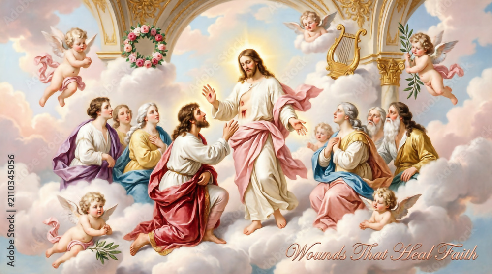 Fototapeta premium Risen Jesus Christ appears to doubting Thomas and disciples showing His wounded hands and side.