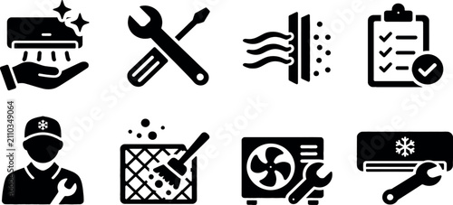 Air Conditioning HVAC Maintenance and Repair Vector Icon Set Featuring Technician Service, Filter Cleaning, Professional Inspection, Installation, and Cooling System Troubleshooting