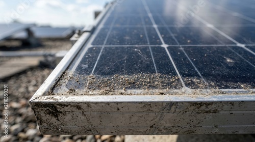 Close-up of a dusty solar panel with dirt accumulation, showcasing the importance of maintenance for renewable energy efficiency.