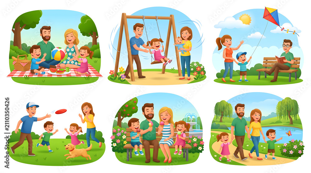 Naklejka premium Set of vector illustrations featuring happy family activities like picnics, park walks, and playground fun