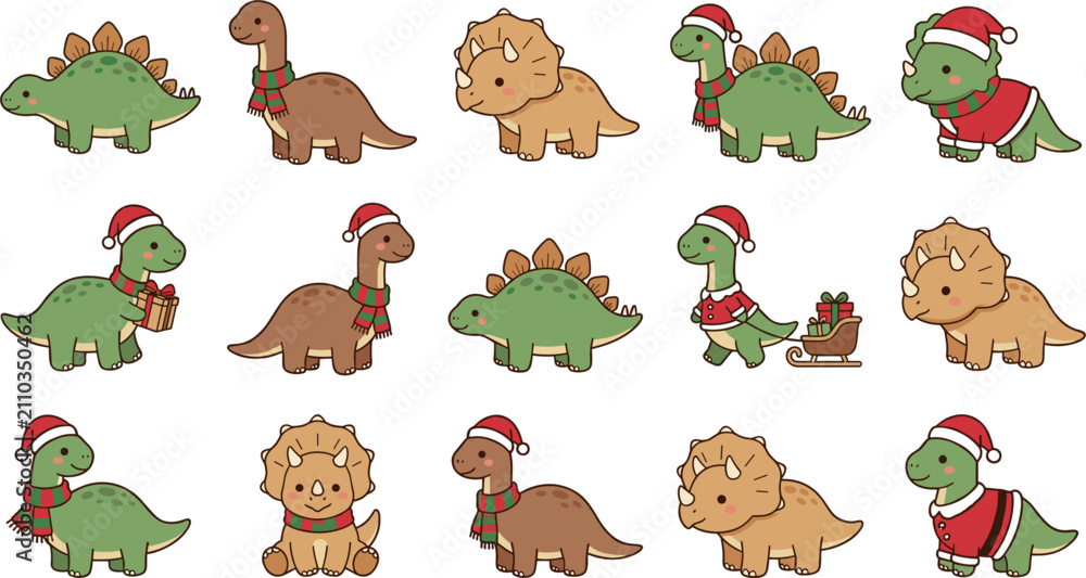 Fototapeta premium Cute Christmas cartoon dinosaurs vector illustration set featuring baby triceratops and stegosaurus wearing Santa hats for holiday sticker pack design.
