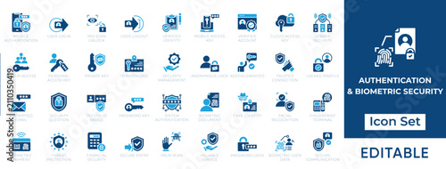 Authentication and biometric security vector icon set. Modern blue solid icons for user login, password protection, identity verification, and data privacy UI