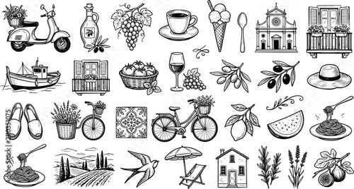 Hand drawn doodle set of italian summer elements	
