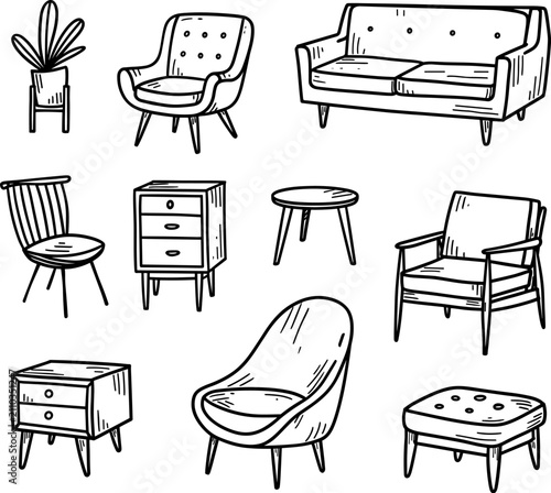 Set of hand drawn furniture and home decor elements. Vector illustration.