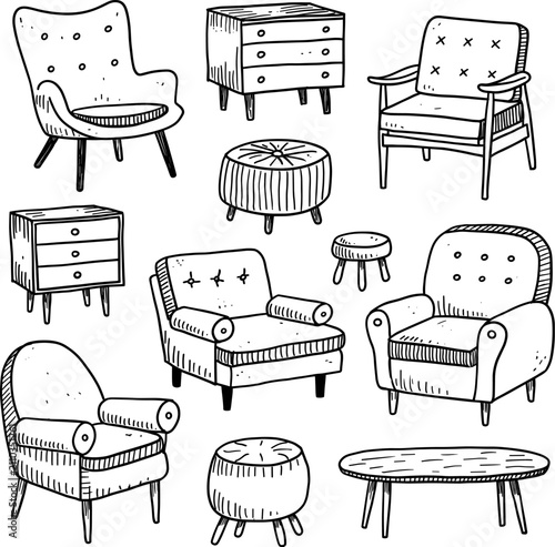 Collection of hand drawn living room furniture and seating. Vector illustration.