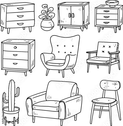 Hand drawn interior furniture elements with chairs cabinets and plants. Vector illustration.