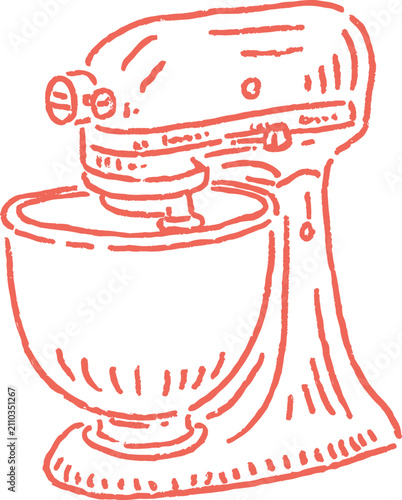 Hand drawn stand mixer outline drawing on dark background. Vector illustration.