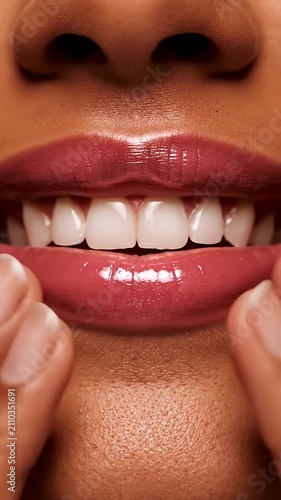 Close-up of glossy pink lips on tan skin.