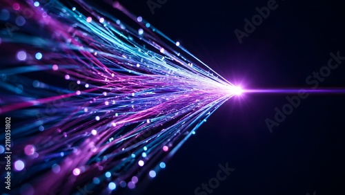 Abstract high speed fiber optic light streams radiating from bright central core representing futuristic data transmission and broadband internet