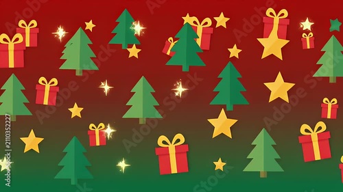 Animated Christmas Holiday Background with Stylized Trees, Presents, and Golden Stars
