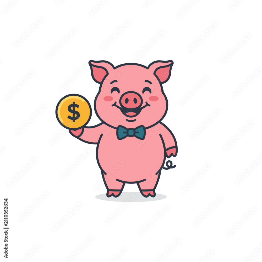 Fototapeta premium Pink Pig in Bow Tie Holding a Coin