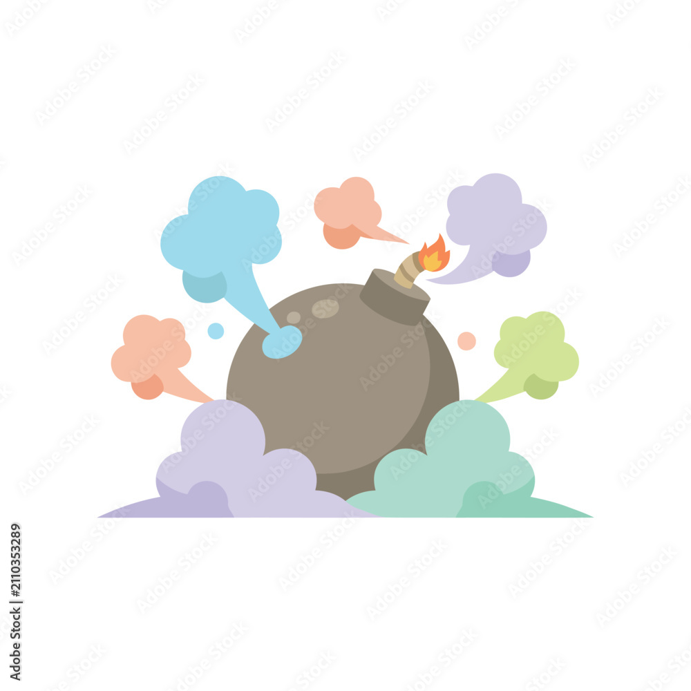 Obraz premium Pastel cartoon bomb illustration. Flat design explosive with multicolored smoke clouds for game UI, stickers, and creative icons.