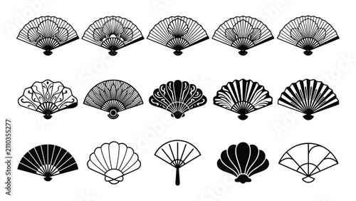 A comprehensive collection of fifteen diverse folding fan illustrations featuring intricate line art and silhouette designs isolated on a clean white background
