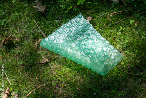 Принти на полотні Green bubble wrap discarded on grass outdoors