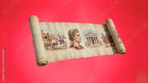 A detailed 3D render of an unrolled ancient Roman parchment scroll depicting emperor frescoes and temples, set against a vibrant studio red backdrop. Perfect for classical history guides, educational 