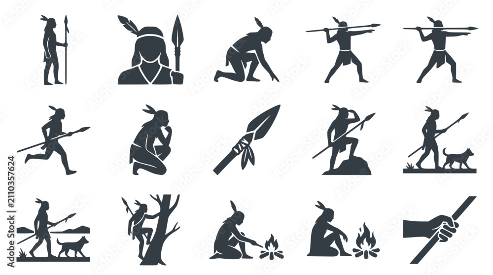 Obraz premium Native American Warrior Silhouettes: Hunting, Camping & Traditional Life Icon Set