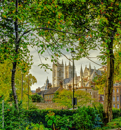 Westminster Abbey and historic architecture in London England on sunny day
