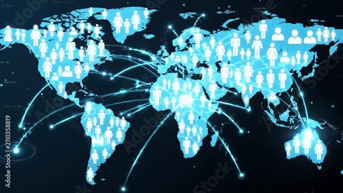 Cyan Digital World Map With Global Network Connections And Human Silhouettes Representing Worldwide Communication And Data Sharing