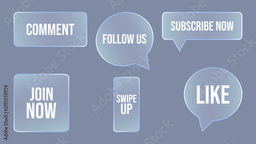 Social Media Elements Glassmorphism UI Icon Design. Modern transparent UI icons and buttons for web design, mobile apps, branding, presentations, advertising and marketing, vector illustration.