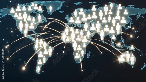 Golden Global Network Connections And Communication Lines Across World Map With Human Silhouettes Representing International Business