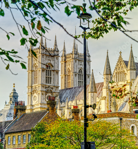 Westminster Abbey and historic architecture in London England on sunny day