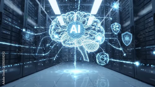 Futuristic Artificial Intelligence Brain Hologram Glowing Inside Modern Server Room Datacenter Digital Network