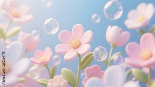 Cute Floral Bubble Background with Blooming 3D Petal Spheres and Spring Colors