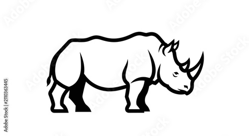 Bold black and white rhinoceros line art silhouette on a clean white background