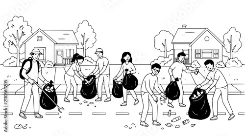 Foto Community volunteers cleaning neighborhood street, picking up trash into bags
