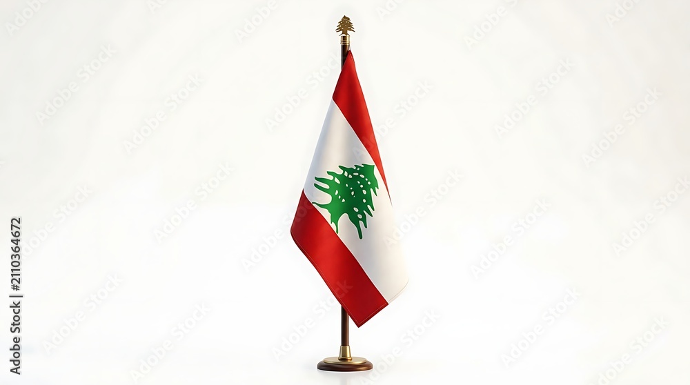 Fototapeta premium Lebanon National Flag on Small Desk Flagpole Standing Isolated on White Background for Decoration