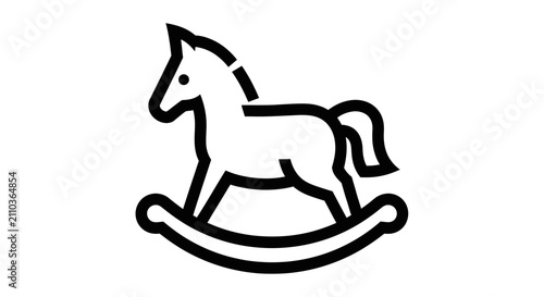 Simple black line drawing of a wooden rocking horse toy